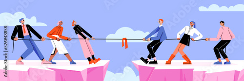 Business teams tug of war battle over mountain gap. Opposite groups pull rope during competition or rivalry. Characters fighting for leadership  arguing  wrestling  Line art flat vector illustration