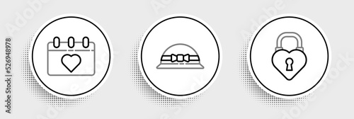 Set line Castle in the shape of a heart, Calendar with 8 March and Elegant women hat icon. Vector