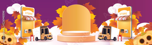 shopping online halloween background orange on phone holiday vector illustation podium stage product marketing 
