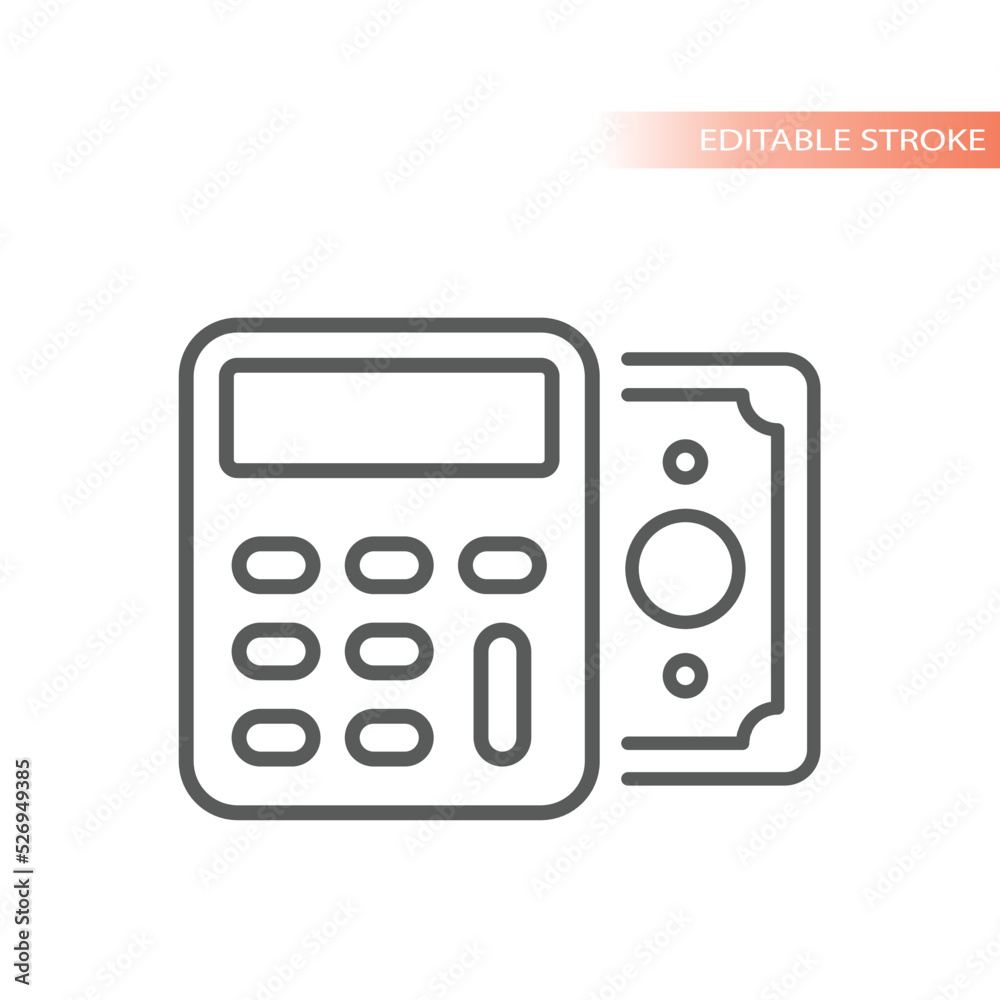 Calculator and dollar bill line vector icon. Finance, accounting outlined symbol. Calculator and dollar bill line vector icon. Finance, accounting outlined symbol.