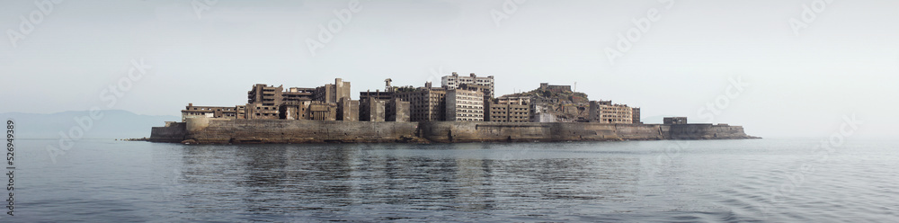 Beautiful panorama view of Battleship island. Hashima Island of Japan looks like floating city in ocean. Awesome scenic view of coal mining.