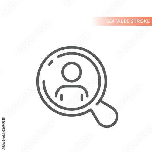 Magnifying glass and person line vector icon. Job searching or employee, magnifier and a man outlined symbol.