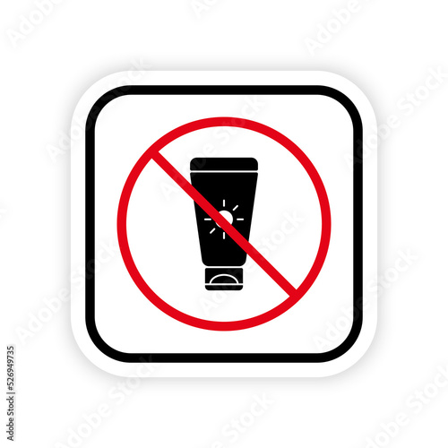 Ban Sunscreen Black Silhouette Icon. Tan Body Red Stop Circle Symbol. No Tanning Lotion Sign. Spf Cosmetic Bottle Sunblock Forbidden Pictogram. Sun Screen UV Prohibited. Isolated Vector Illustration