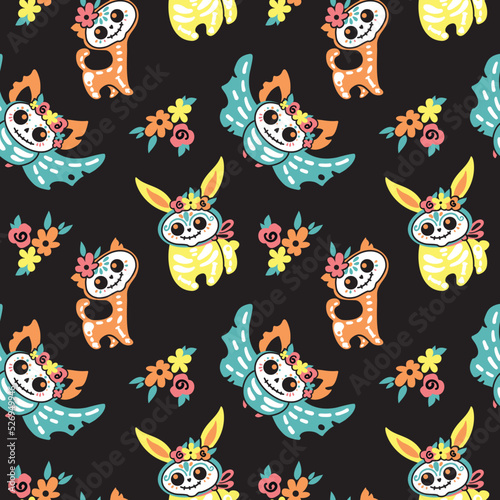 Cute skulls  of rabbit  cat and bat.  Day of the dead or  Halloween. Kids print. Seamless pattern. Vector