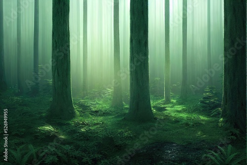 Green misty beautiful forest photorealistic background, 3d render, 3d illustration