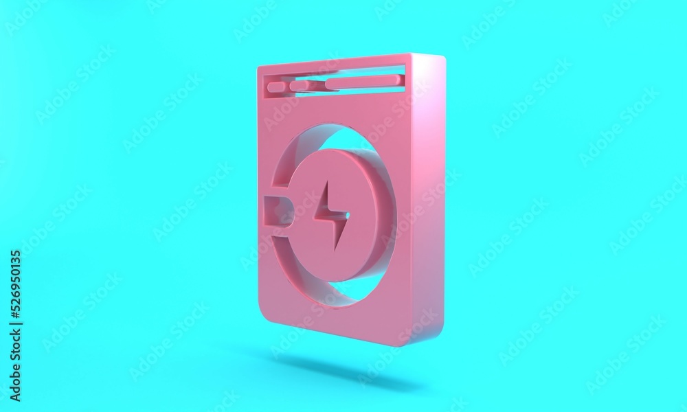 Pink Washer icon isolated on turquoise blue background. Washing machine icon. Clothes washer - laundry machine. Home appliance symbol. Minimalism concept. 3D render illustration Pink Washer icon isolated on turquoise blue background. Washing machine icon. Clothes washer - laundry machine. Home appliance symbol. Minimalism concept. 3D render illustration