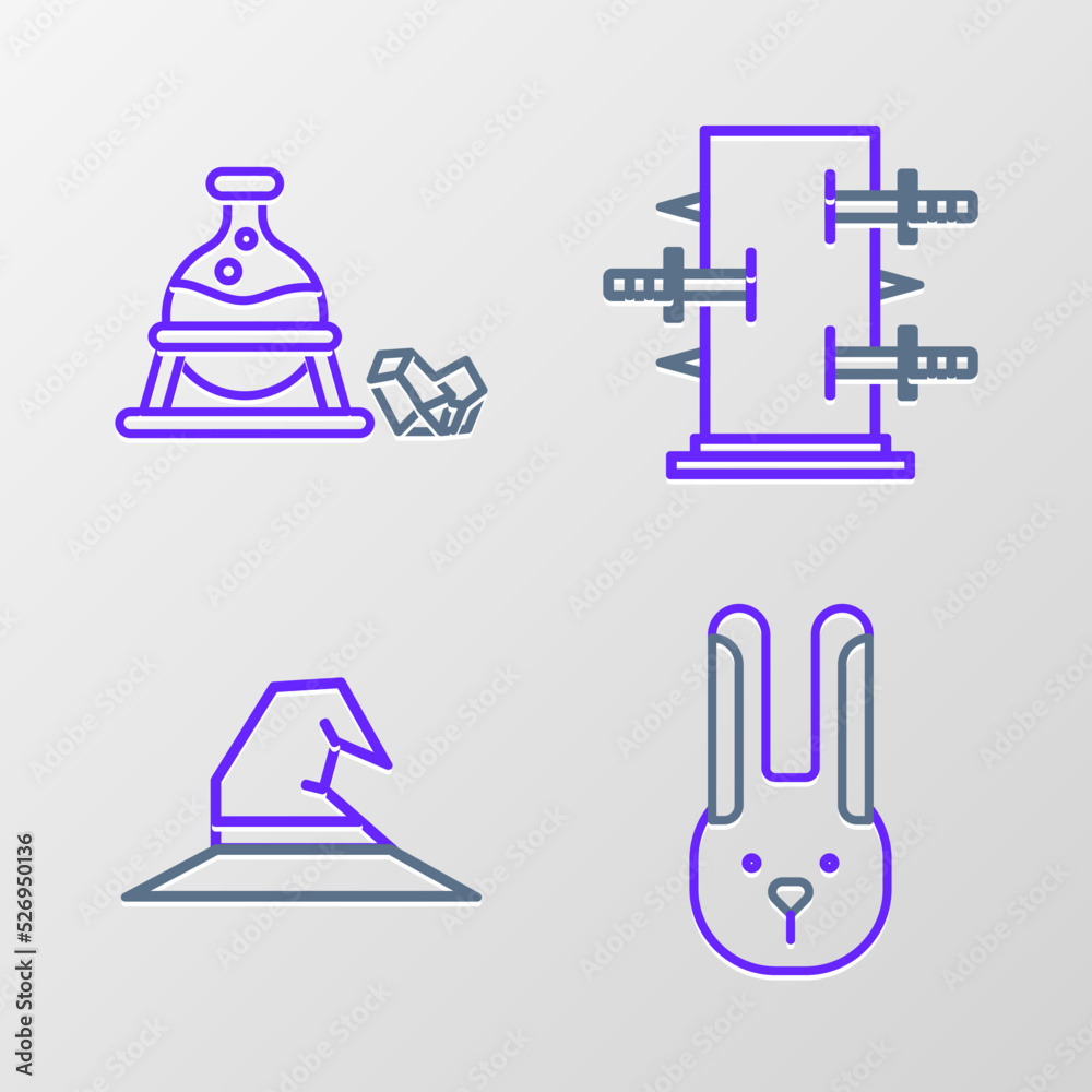 Set line Rabbit with ears, Witch hat, Trunk for magic tricks and cauldron and stone icon. Vector