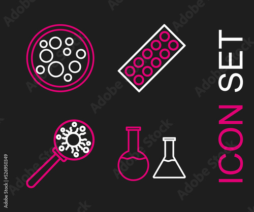 Set line Test tube and flask, Virus under magnifying glass, Pills blister pack and icon. Vector