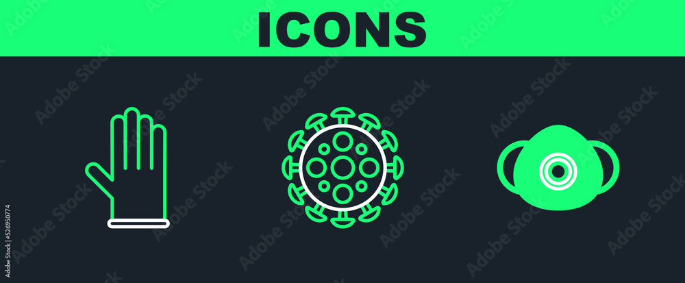 Set line Medical protective mask, rubber gloves and Virus icon. Vector