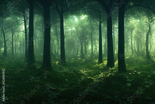 Green misty beautiful forest photorealistic background, 3d render, 3d illustration © Gbor