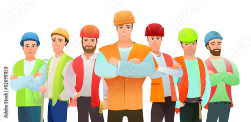Men builder in vest and protective helmet. Guy worker. Cheerful person. Standing pose. Cartoon comic style flat design. Single character. Illustration isolated on white background. Vector