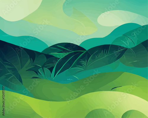 Abstract illustration of tropical green leaves and shapes. Beach mood, summer mood. The environment.