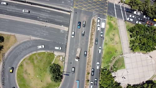Roatating, aerial shot of a traffic on a highway in Santiago, Chile, top view photo