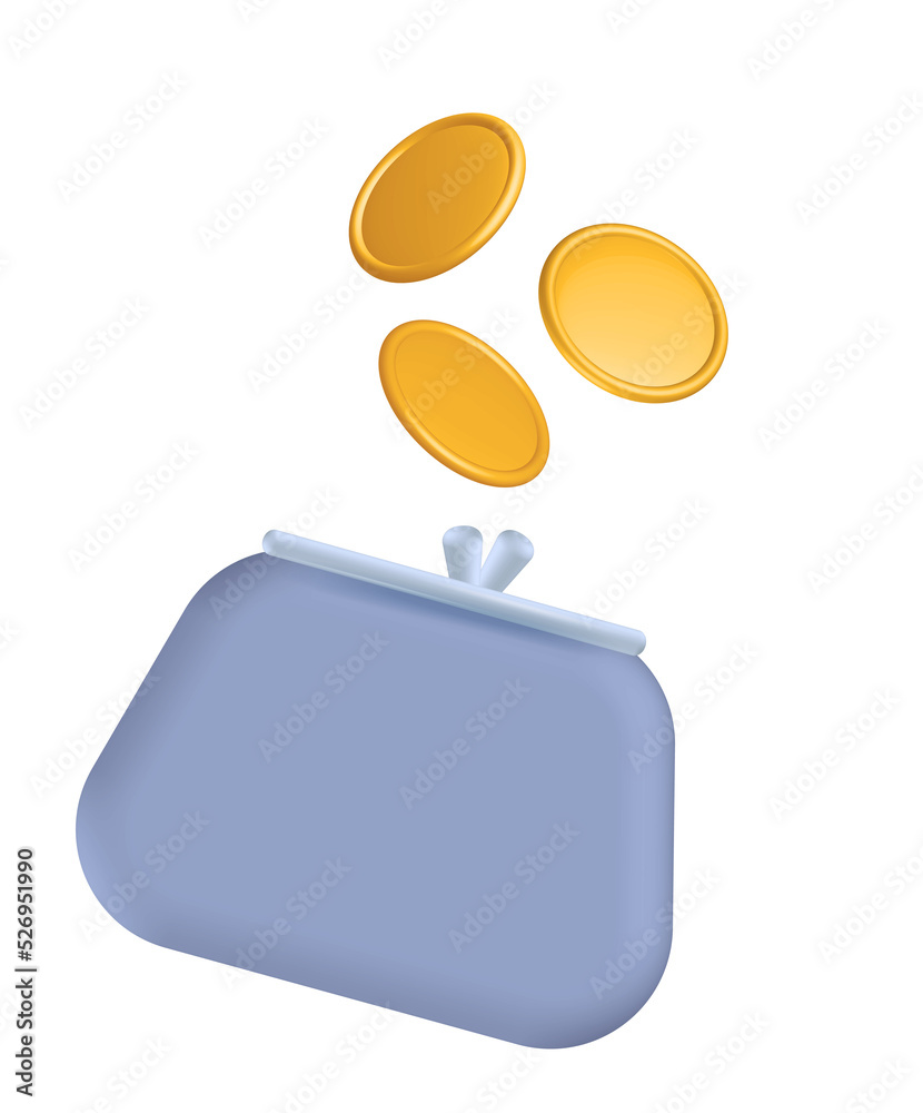 Obraz premium 3D money saving concept. Retro wallet with golden coins. Online payment and payment concept. 3d holding wallet render for investment, bank, finance, investment. PNG digital isolated illustration