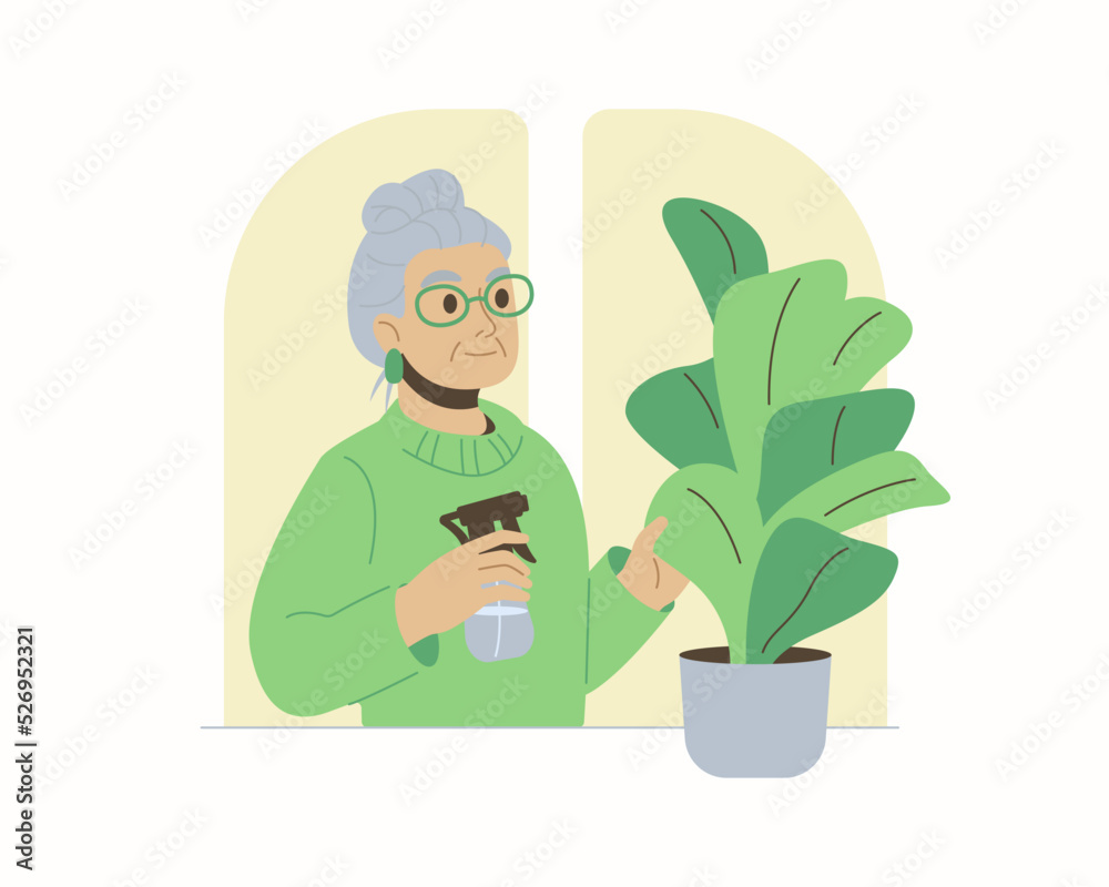 Senior woman taking care of plant in pot Senior woman taking care of plant in pot
