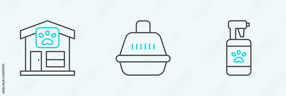 Set line Pet shampoo, grooming and carry case icon. Vector Set line Pet shampoo, grooming and carry case icon. Vector