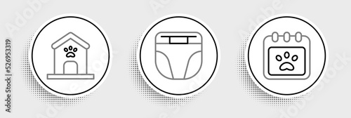 Set line Calendar grooming, Dog house and paw print and Diaper for dog icon. Vector