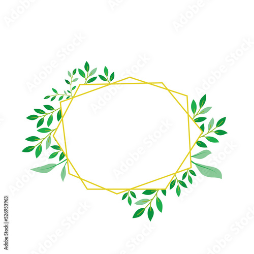 Gold geometric frame with green leaves illustration
