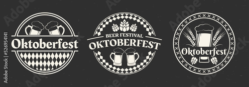 Oktoberfest logo or label set. Beer fest round badges with beer mug or glass icons. German, Bavarian October festival design elements. Vector illustration.