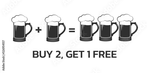 Beer loyalty card design template with beer mugs.  Buy 2 beer glasses and get 1 for free. Bar, pub promotion concept. Vector illustration.