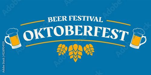 Oktoberfest text banner. Beer festival logo design. German, Bavarian October fest typography template with beer mugs. Vector illustration.