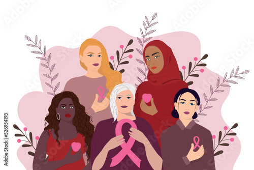Breast cancer awareness month banner. Multiethnic group of women with pink ribbon.  Disease prevention, solidarity or charity campaign flyer. 