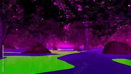 Flight between the trees of a mystical fantasy forest with flying and shimmering particles of light bokeh and an acid river. Abstract animated motion background. Seamless 4K VJ loop