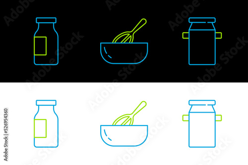 Set line Can container for milk, Bottle with and Kitchen whisk and bowl icon. Vector