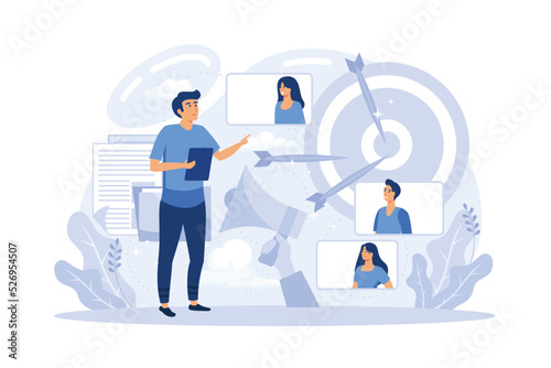 business marketing vector illustration. Cost structure  target market  conpetitive advantage. People dealing with business management  flat vector illustration
