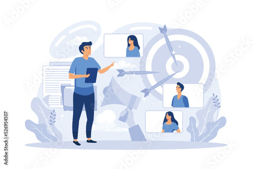 business marketing vector illustration. Cost structure, target market, conpetitive advantage. People dealing with business management, flat vector illustration