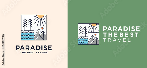 Mountain Explorer Logo Line Adventure Emblem Design with beach sun and Tree 