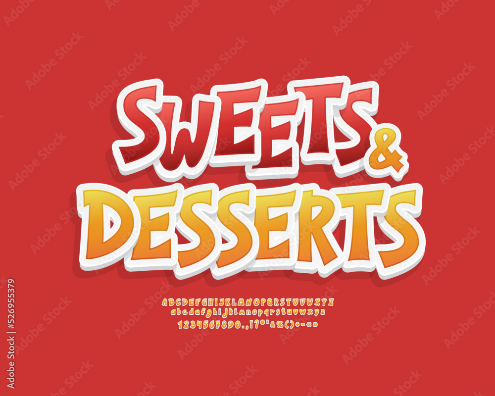 Modern 3d label Sweets and Desserts for candy packaging with cartoon letters, sticker style