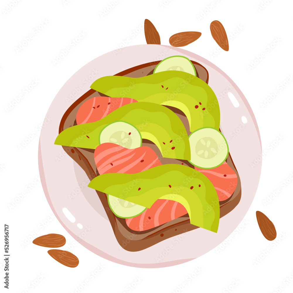 Delicious healthy breakfast vector illustration. Cartoon isolated plate with smoked salmon, cucumber slices and toast with avocado and roasted almond seeds, top view of sandwich with salmon portion Delicious healthy breakfast vector illustration. Cartoon isolated plate with smoked salmon, cucumber slices and toast with avocado and roasted almond seeds, top view of sandwich with salmon portion