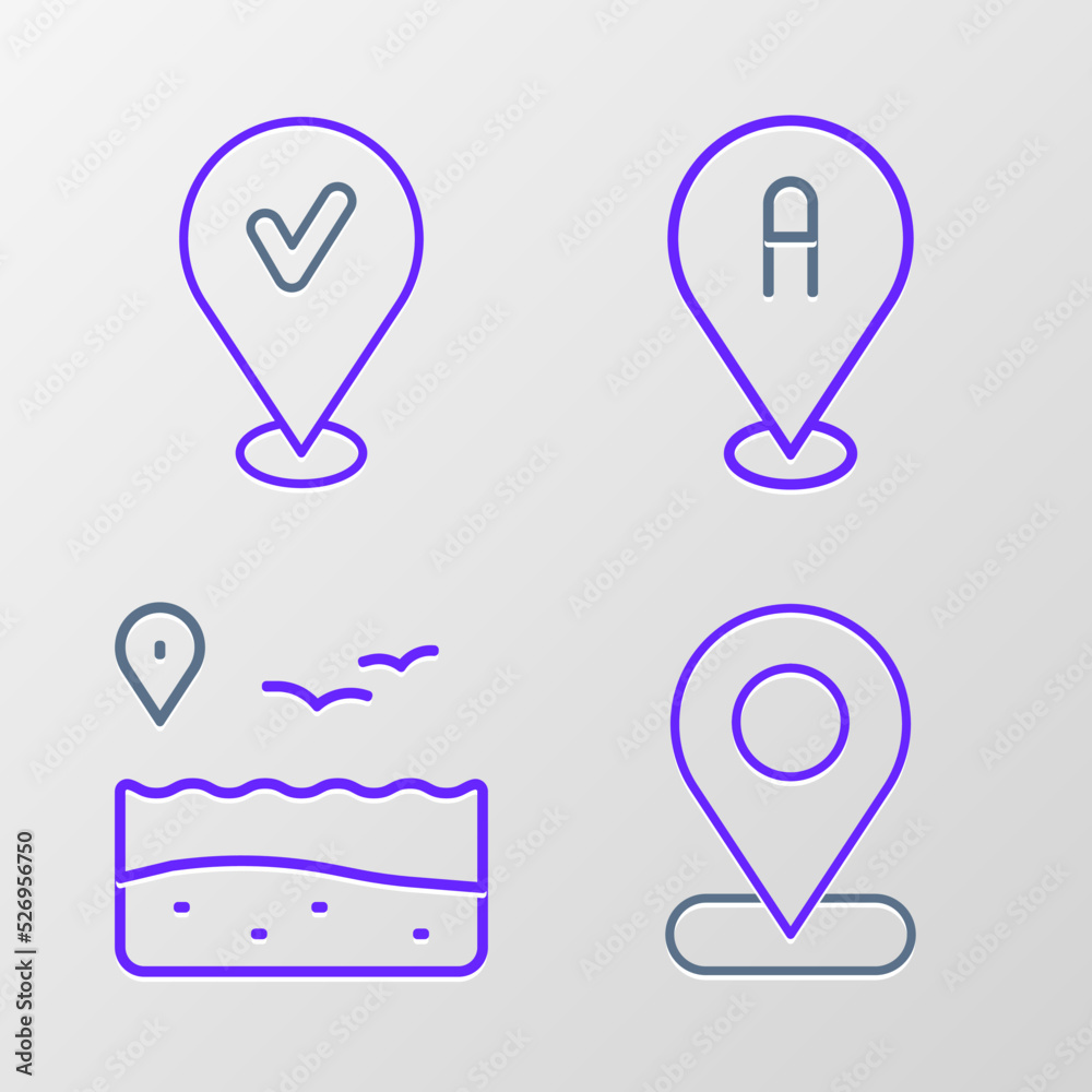 Set line Location, with beach, and check mark icon. Vector Set line Location, with beach, and check mark icon. Vector