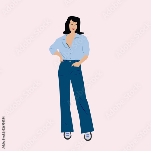 In the picture, the girl is a prostitute, a model, a girl in trousers and a blouse. Beautiful girl