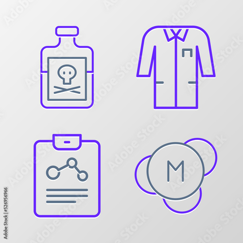 Set line Molecule  Chemistry report  Laboratory uniform and Poison in bottle icon. Vector