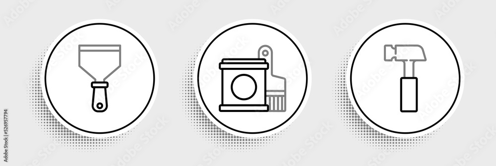 Set line Hammer, Putty knife and Paint bucket and brush icon. Vector Set line Hammer, Putty knife and Paint bucket and brush icon. Vector