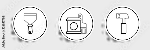 Set line Hammer, Putty knife and Paint bucket and brush icon. Vector