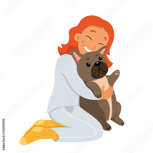 Happy girl hugging dog with love vector illustration. Cartoon isolated person holding pug in hands to hug and care, young pet owner character and best friend domestic animal sitting together
