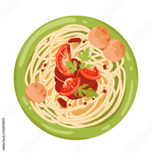 Spaghetti with meatballs on plate vector illustration. Cartoon isolated top view of pasta with tomato sauce and balls of ground meat, healthy dish of homemade or restaurant menu, Italian cuisine