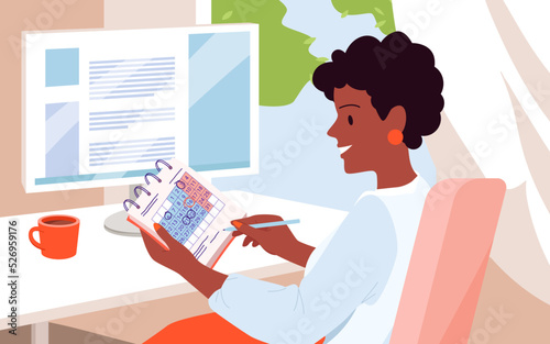 Business time management and planning vector illustration. Cartoon female manager holding pen to plan and highlight important dates of month in calendar background. Deadline, strategy concept