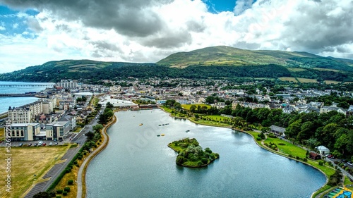 Aerial shot of the beautiful coastal town of Ramsey, Isle of Man photo