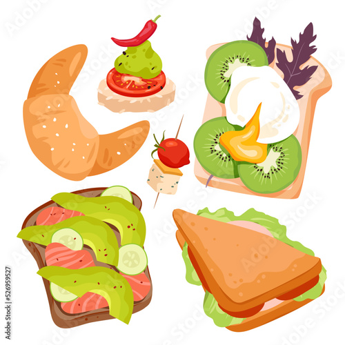 Food snacks set vector illustration. Cartoon isolated delicious tasty fastfood collection with crispy croissant, bread toasts with smoked salmon and avocado, sandwich with tomato slices and lettuce
