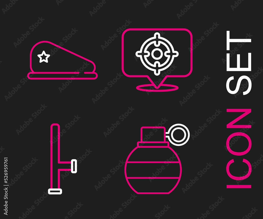 Set line Hand grenade, Police rubber baton, Target sport and Military beret icon. Vector Set line Hand grenade, Police rubber baton, Target sport and Military beret icon. Vector