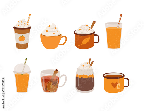 Set of different autumn and winter drinks vector illustration. Hand drawn cup with cappucino, pumpkin latte, hot chocolate, cacao, smoothie, juice, tea, mulled wine isolated on white background.