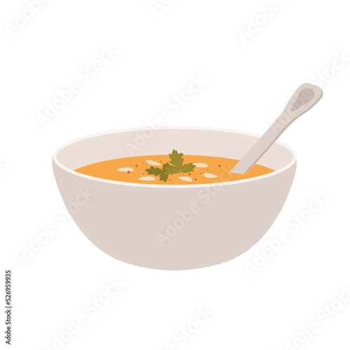 Pumpkin soup in a bowl isolated on white background. Traditional autumn Thanksgiving food vector illustration.