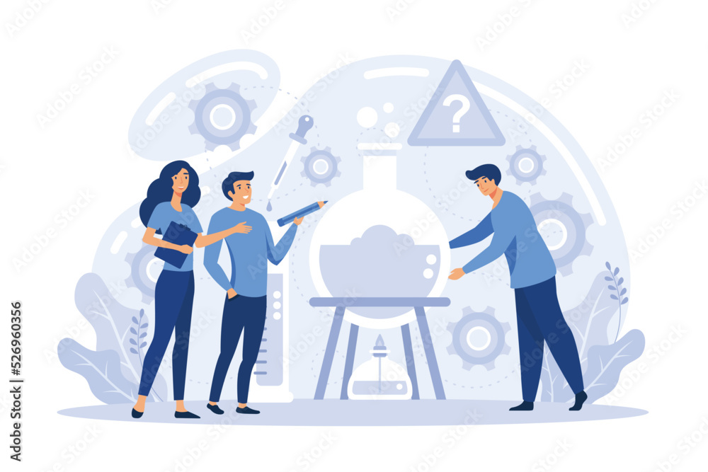 Fototapeta premium Teamwork solving complex problems, combining different talents to achieve common goal. Effective business solution strategy and complex task cooperation as successful performance process flat vector i