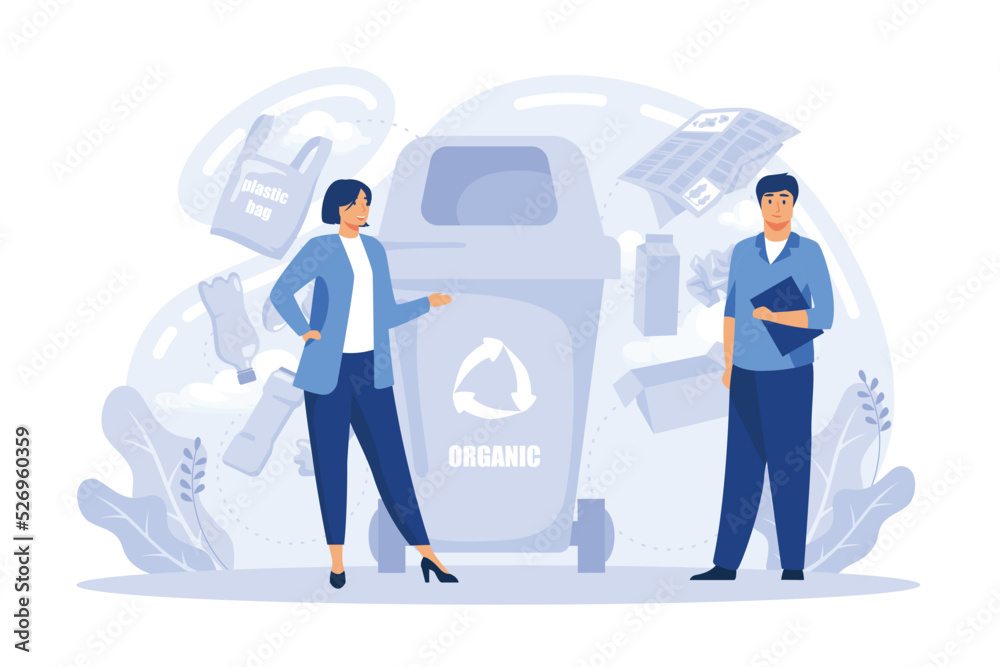 Ecology clean city metaphor, waste management recycling, caring nature and environment. People sport lifestyle and urban technology. No car day, garbage sorting and processing. flat vector illustratio