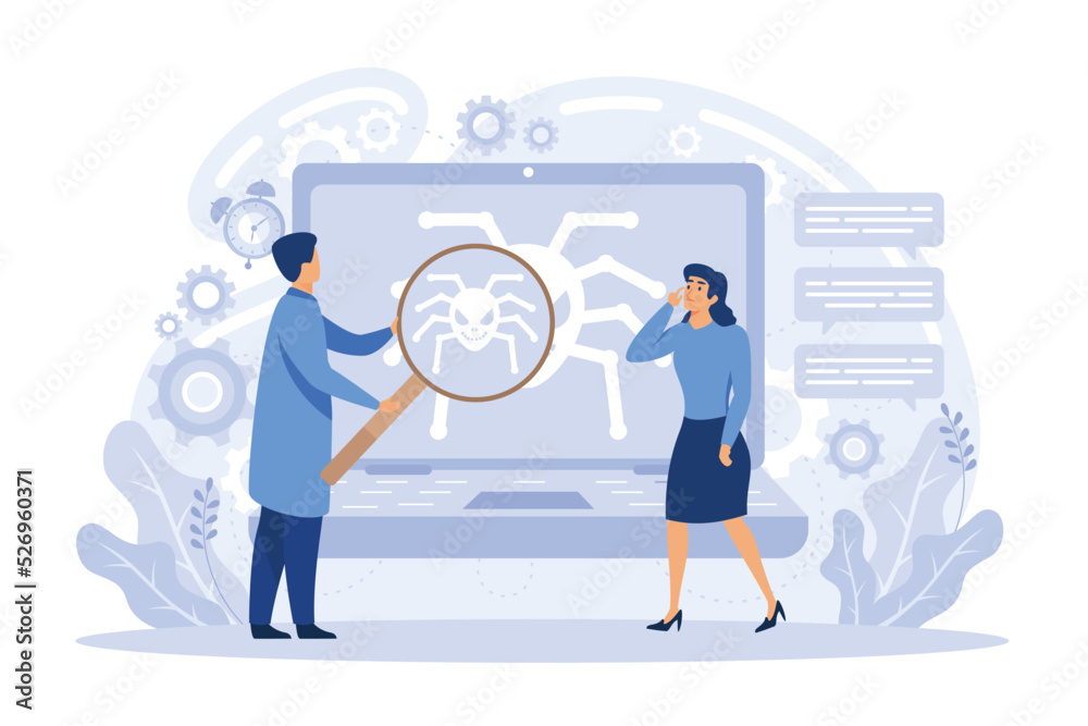 Tiny business people with digital devices testing demo software. Beta ...