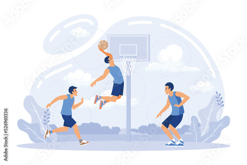practicing basketball in summer camp, tiny people. Basketball camp, academy, achieve basketball goals concept. flat vector illustration